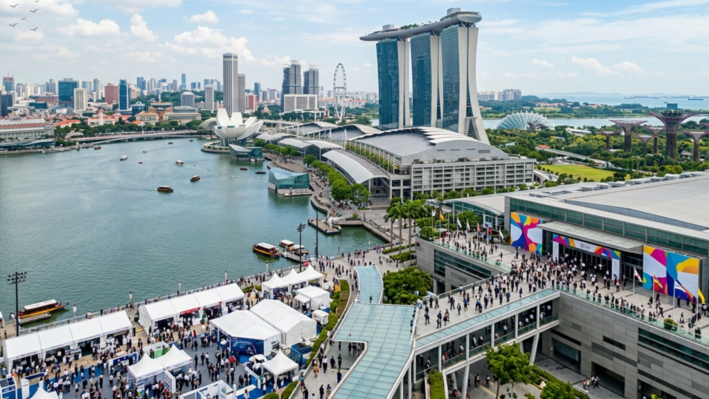Singapore skyline overlooking Marina Bay with Marina Bay Sands, waterfront promenade, and a large public event near the convention centre.